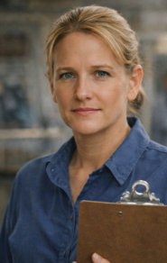 Staff headshot of Clarice Benton in a blue shirt holding a clipboard.